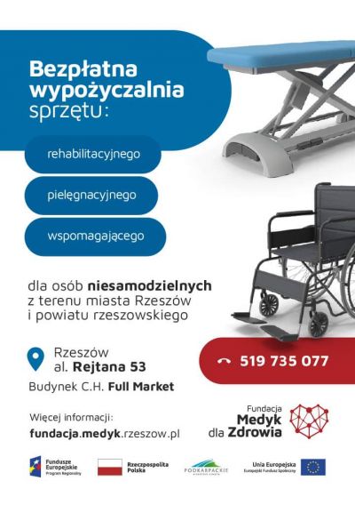 Plakat promujący wypożyczalnie sprzętu pielęgnacyjnego, rehabilitacyjnego i wspomagającego