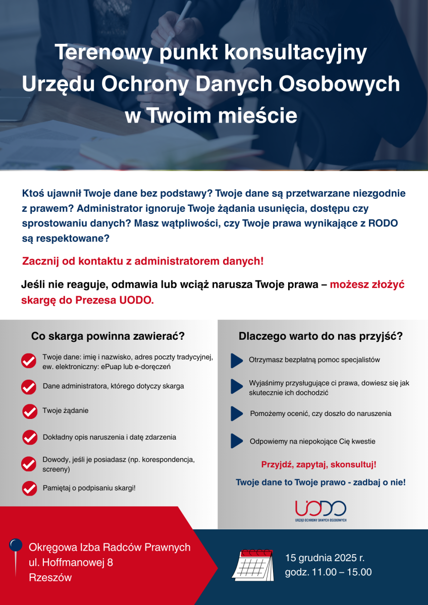 Zdjecie do artykułu Terenowy punkt konsultacyjny Urzędu Ochrony Danych Osobowych w Rzeszowie