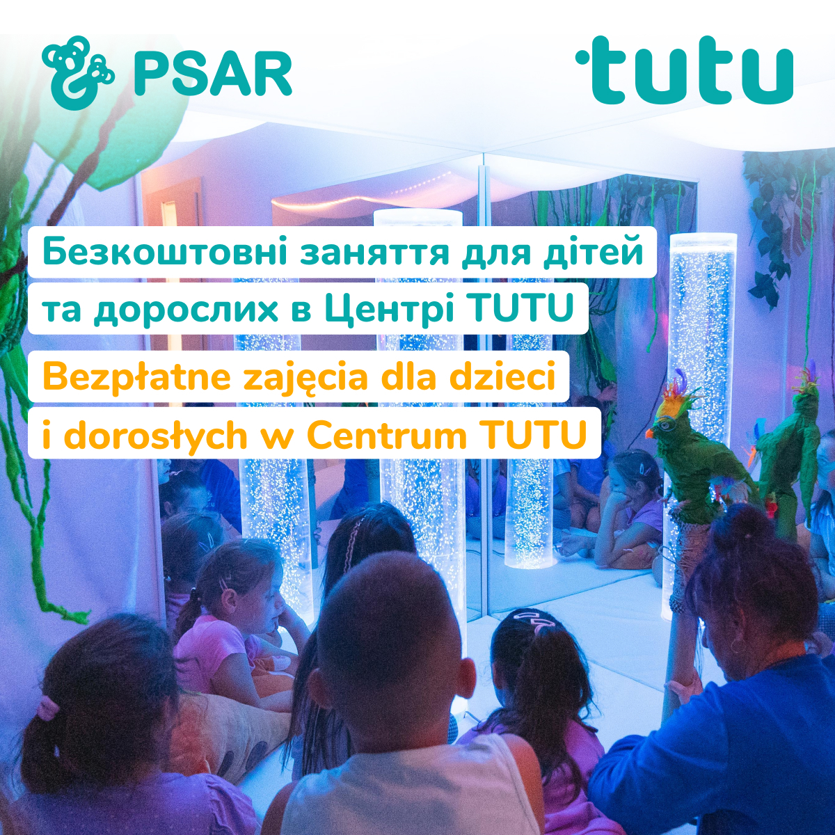 Grafika promująca bezpłatne zajęcia dla dzieci i dorosłych w Centrum TUTU w Rzeszowie