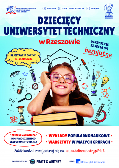 plakat promujący zapisy do Dziecięcego Uniwersytetu Technicznego w Rzeszowie