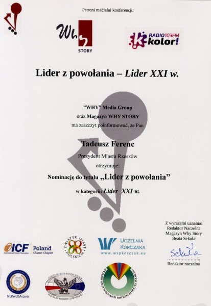 Dyplom do tytułu LIDER Z POWOŁANIA międzynarodowego magazynu "Why Story"