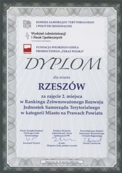 Zdjecie do artykułu Rzeszów wysoko w Rankingu Zrównoważonego Rozwoju Jednostek Samorządu Terytorialnego