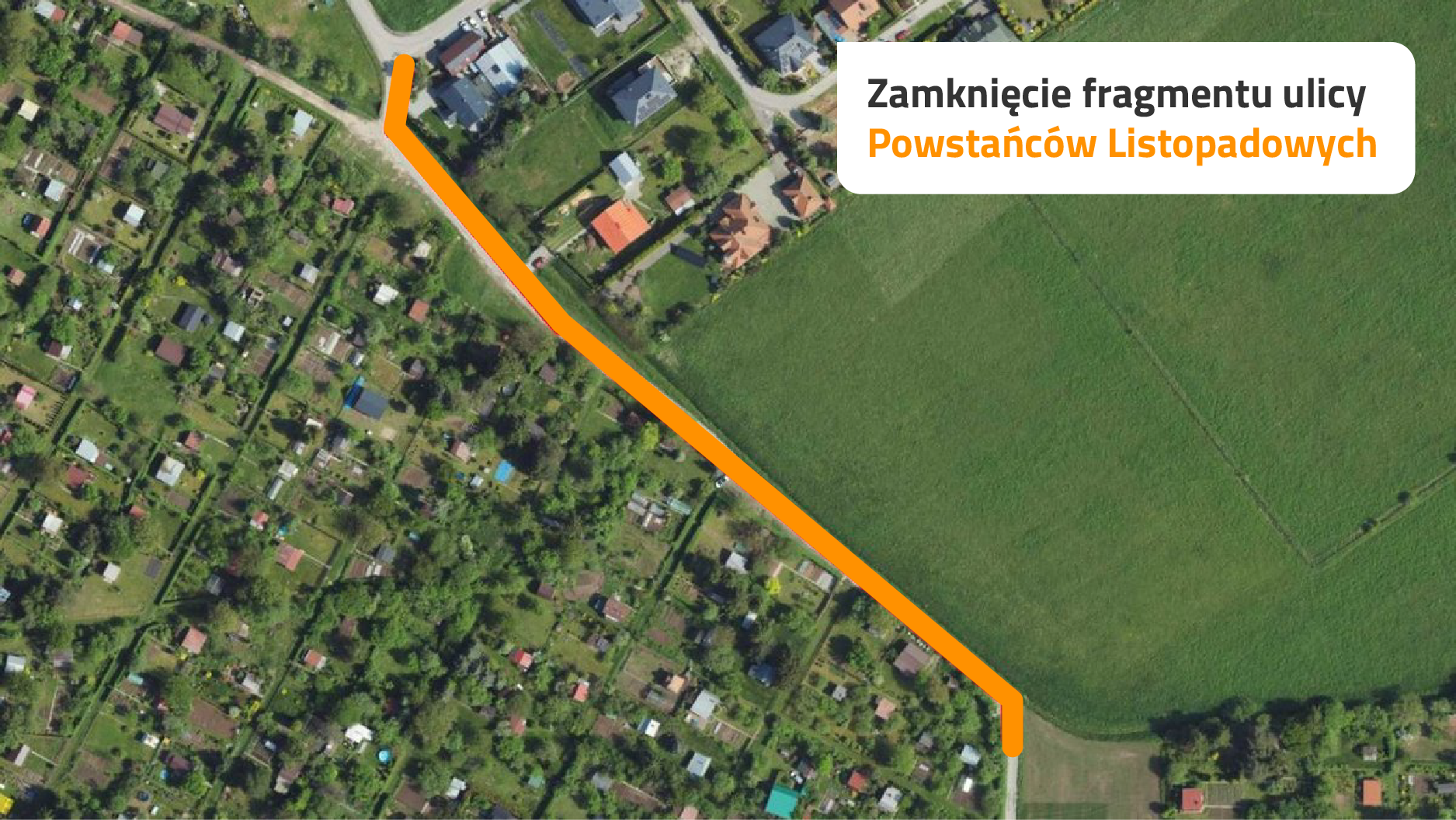 grafika prezentująca mapę z oznaczonym odcinkiem ul. Powstańc&oacute;w Listopadowych, kt&oacute;ry zostanie zamknięty