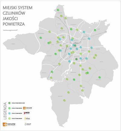 Mapka miejskiego systemu czujników jakości powietrza