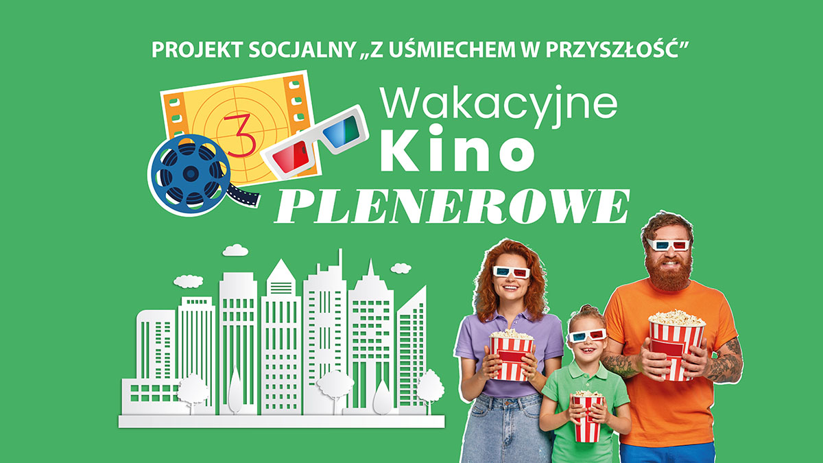 Grafika promująca Wakacyjne Kino Plenerowe w Rzeszowskich Domach Kultury