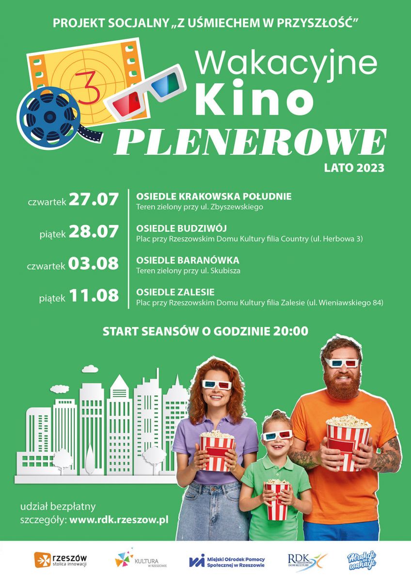 Plakat promujący Wakacyjne Kino Plenerowe w Rzeszowskich Domach Kultury