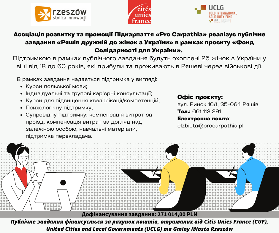 Plakat w języku ukraińskim promujący zadanie publiczne "Rzesz&oacute;w przyjazny dla kobiet z Ukrainy"