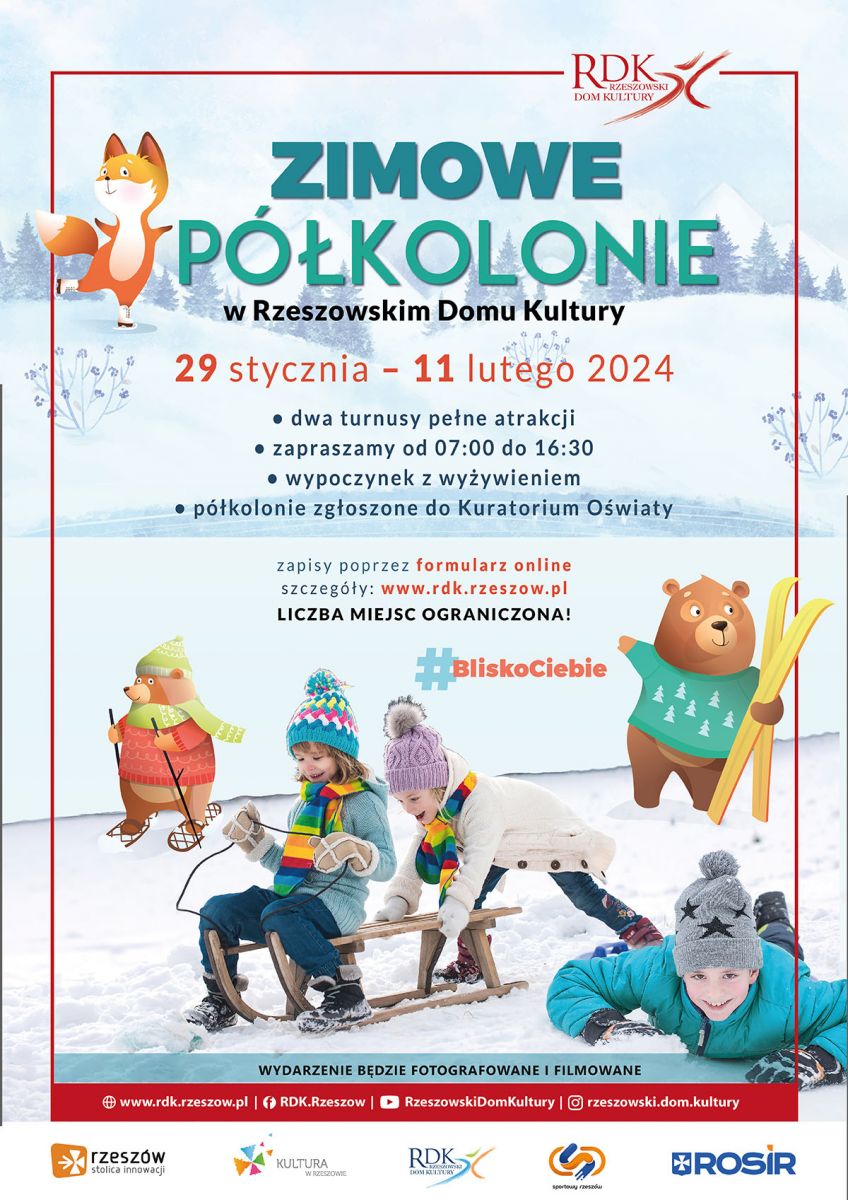 Plakat promujący zimowe p&oacute;łkolonie w RDK