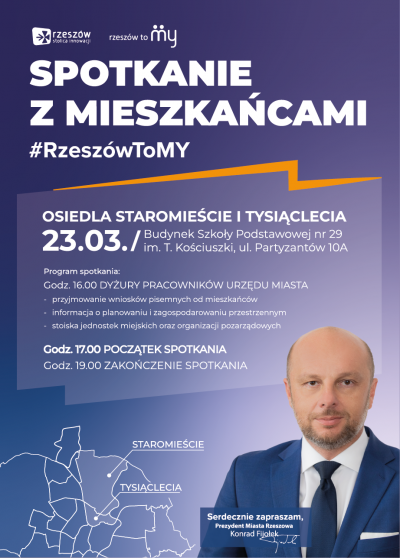 Plakat promujący spotkanie Prezydenta Miasta Rzeszowa z mieszkańcami osiedli